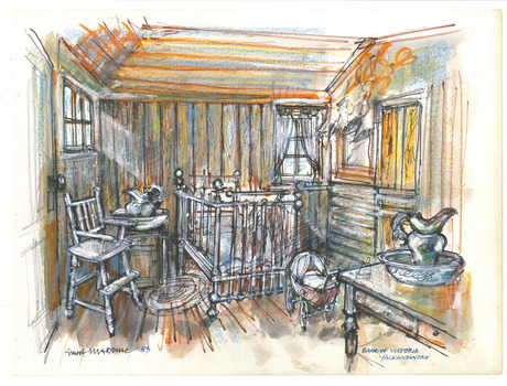 Drawing of child's bedroom in a house in the town of Yackandandah, featuring a crib, chair and various children's toys.