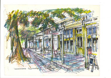 Drawing of a streescape in the town of Yackandandah, featuring a footpath with a set of café table and chairs.