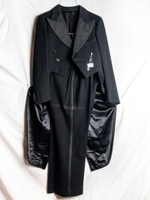 Clothing, Man's formal black wool tail coat with pleated trousers, c1960