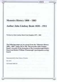 Article [copy], Memoirs History 1808-1883 / author John Lindsay Beale 1830-1911, 1808-1883