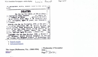 Newspaper Clipping, The Argus, Death notice: Louis Amiet 1932, 02/11/1932