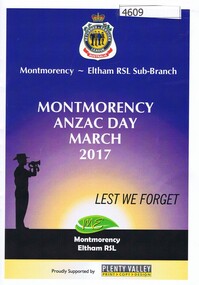 Booklet, Montmorency-Eltham RSL Sub-branch, Montmorency and Eltham Anzac Day Dawn Service and March 2017, 25/04/2017