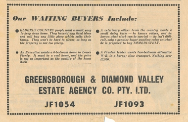 Advertisement - Digital image, Diamond Valley Local, Greensborough & Diamond Valley Estate Agent, 15/12/1954