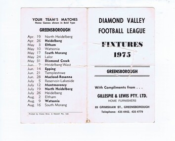 Football Fixture - Digital Image, Greensborough Football Club et al, Diamond Valley Football League Fixtures 1975. Greensborough, 1975_