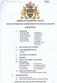 Documents, Shire of Diamond Valley: 30th Anniversary Commemorative Council Meeting Agenda, 30/09/1994