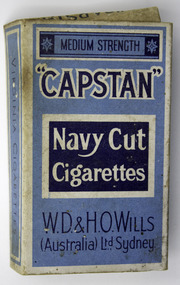 Rectangle-shaped card box with blue print, labelled "Capstan" Navy Cut Cigarettes