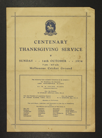 programme, Ramsay Publishing Pty. Ltd, Centenary Victoria Melbourne 1934-1935: Centenary Thanksgiving Service, 1934