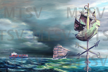 Oil painting mixing imagery of the Mission' wind vane, a galleon and a modern container ship.