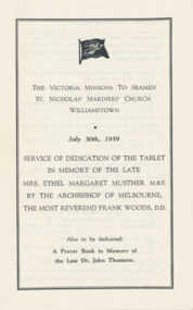 Booklet - Chapel service, The Victoria Missions to Seamen, Dedication of Ethel Musther, 1959