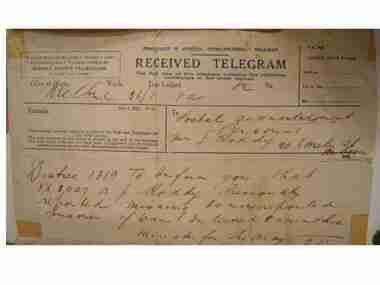Telegram, Telegram from Minister for the Army to Mrs. Roddy, 5:MMMM, 1941 (estimated)