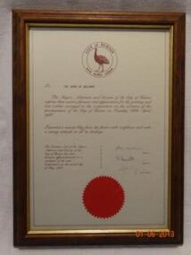 Framed letter, Letter from City of Burnie Tasmania to Shire of Ballarat, Circa 1988