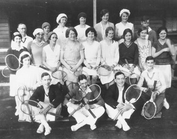 Photograph, Ringwood Tennis Club (undated).  Back row, A. Dwight, T. Wilkins, A. Paris, Mrs. G. Clark, N. Hargraves, B. Covell, E. Lane. Centre, ? Morris, V. Cooper, M. Clark, Miss Calahan, P. Bamford, Rose Whiter, J. Paine, D. Dare, E. Blood.  Front, W. Dwight, C. Paris, L. Lane, R. Skerrett, ??
