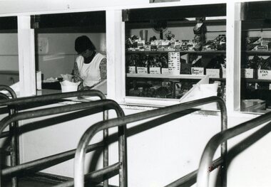 Photograph - Black and Wite, Ringwood Technical School Canteen c1965 showing array of snacks available, c1965
