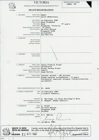 Document, Death registration - Kevin Stanislaus Pratt,Ringwood 1987
