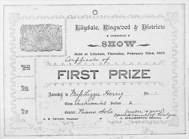 Certificate, Lilydale, Ringwood & Districts combined Show - 1905. Certificate of First Prize
