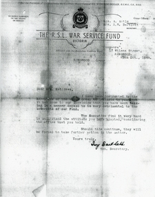 Letter, RSL War Service Fund Ringwood 1944