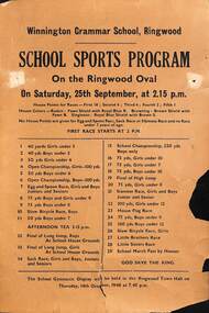 Programme, Winnington Grammar School Ringwood, School Sports Program, 25th September 1948