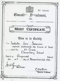 Document, Ringwood State School- Merit Certificate, 1941