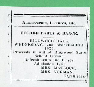 Newspaper - Cutting, Ringwood State School- Euchre Party and Dance, 1925