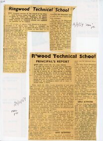 Newspaper - Clippings, Ringwood Technical School - Various newspaper clippings 1959 - 1961 and Ringwood Technical College 1980