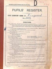 Administrative record, Ringwood State School 2997 - Pupils Register Prefix (D). Admission dates from 1926  to 1931. Student Register No 1966 to 2706