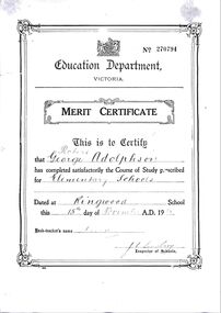 Document, Ringwood State School - Merit Certificate for Robert George Adolphson, 1935