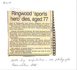 Newspaper, Cutting from The Mail 25-3-1987 about Mr. Kevin Pratt a well known Ringwood resident