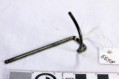 Metal rod bent to have one end curved in an upward arc