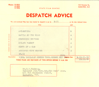 Document, State Film Centre, State Film Centre Despatch Advice, 1960, 22/11/1960