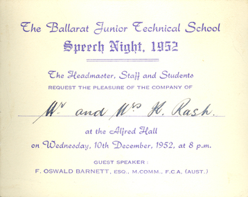 Programme and ticket, Alex King & Sons, Ballarat Junior Technical School Speech Night Programme and Ticket, 1952