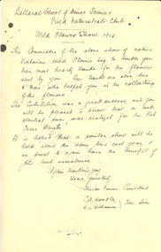 Document, Document From Ballarat School of Mines Science and Field Naturalists Club regarding Wild Flower Show, 1915