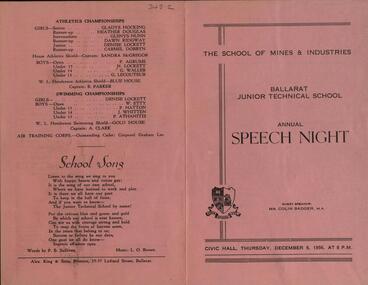 Programme - pink sheet folded in half, Alex. King & sons, Printer, Ballarat Junior Technical School - Speech Night Programme - 1956, 1956