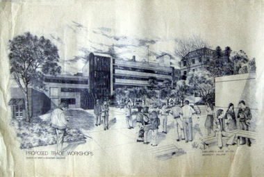 Drawing - Architectural Drawing, Ballarat School of Mines Proposed Trade Workshops (M.B. John Building) 07/1979 by Ewan Jones and Associates, Architects, 07/1979