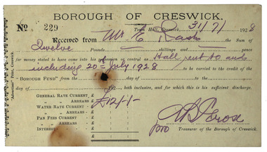 Image, Borough of Creswick Receipt, 1928, 31/07/1928