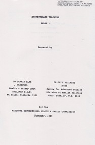 Document - Document - Booklet, VIOSH: National Occupational Health and Safety Commission; Inspectorate Training Option Paper, 1985