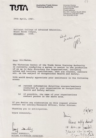 Document - Document - Correspondence, VIOSH: Letters from the Australian Trade Union Training Authority and Worksafe Australia re Occupational Health and Safety courses, 1987