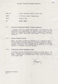 Document - Document - Correspondence, VIOSH: Letters from the Commonwealth Tertiary Education Commission and Office of Minister for Employment and Industrial Relations, 1987