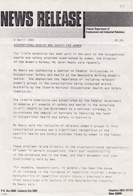Document - Document - News Release, VIOSH: Federal Department of Employment and Industrial Relations; Occupational Health and Safety for Women, 6 April 1984