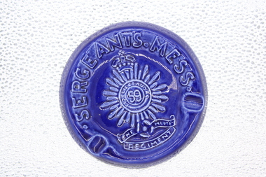 Blue "Sergeants Mess" 59th Battalion ashtray, Royal Blue glazed 'Sergeants Mess' 59th battalion Ashtray, > 1960's
