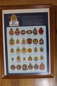 75th Anniversary 1916 to 1971 RSL Badges over the period and variety of names which made up the Returned Services League, RSL Badges from 1916-1991 - 75th Anniversary, circ 1970 Produced by Jaymac Promotional Advertizing pty. ltd. .ACT, Design, Artwork and Illustrations by Bruce Jones