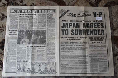 Newspaper - The Sun Newspaper dated 15/8/1945 - special- My War Part 155 - 2 off, Local Newspaper dated 15/8/1945 - Special - My War Part 155 - 2 Copies - Japan Agrees to Surrender , Lest We Forget