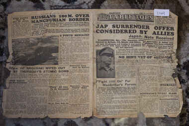 Newspaper - Table Tops Newspaper Dated 12/8/1945, 1st Australian Press Unit, A.I.F. Table Tops Newspaper dated 12/8/1945 - Jap Surrender Offer Considered By Allies