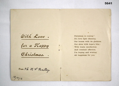 Christmas card WW1 sent home to Australia.