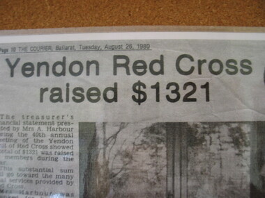 Newspaper Cutting, Red Cross, Yendon Red Cross raised $1321, 26/8/1980 (exact)