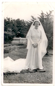 Silk velvet wedding dress as worn by Miss Amy Wilton on her  marriage to Ronald Wade at Warrnambool in 1937