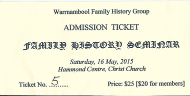 Document, Ticket Warrnambool Family History Group