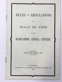 Booklet, Thompson & O'Farrell, Rules & Regulations scale of fees Cemetary, 1902 (original edition)
