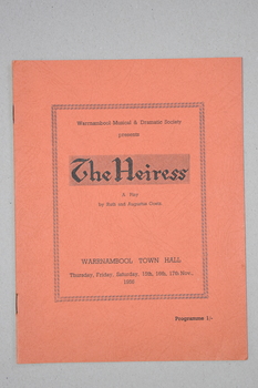 Programme for the Warrnambool Musical & Dramatic Society production of The Heiress in 1956