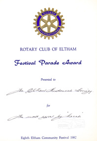 Certificate, Rotary Club of Eltham, Certificate, Festival Parade Award, Rotary Club of Eltham, Eighth Eltham Community Festival 1982, 1982