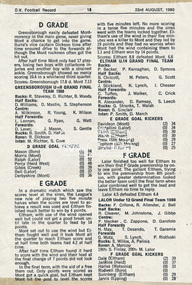 Newspaper clipping, D, E and F Grade Junior Football Grand Final results, D.V. Football Record, 23 August 1980, p18
